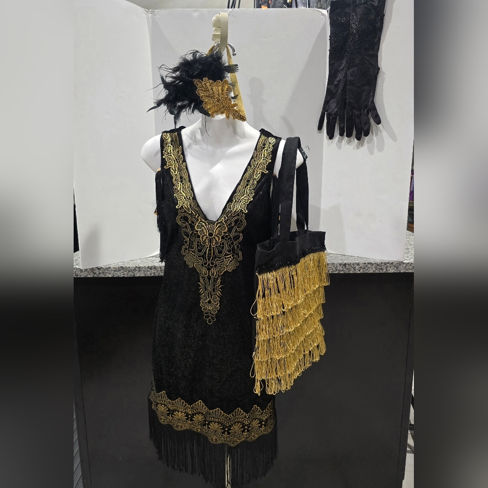 1920's Halloween Costume Dress with gloves hair piece & bag